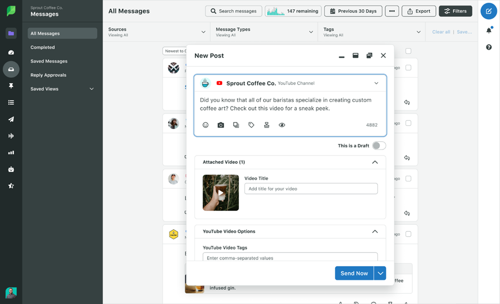 The Sprout Social interface for sending messages on your social platform.
