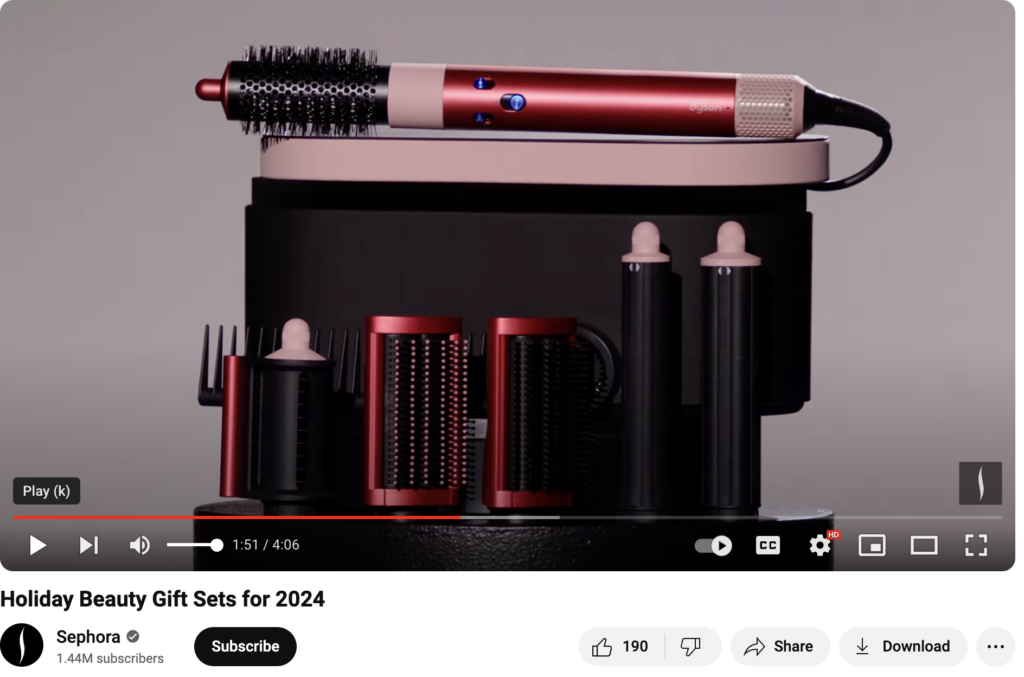 Sephora's 2024 Holiday Gift Sets video highlighting gifts that users can purchase online or in stores.