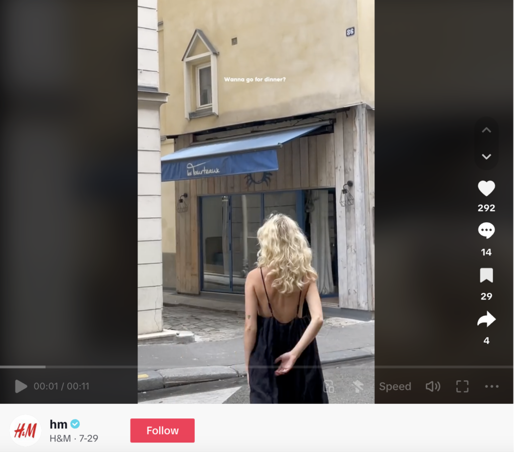 H&M's TikTok videos where the brand uses paid ads to promote new collections, allowing users to shop directly through the app.
