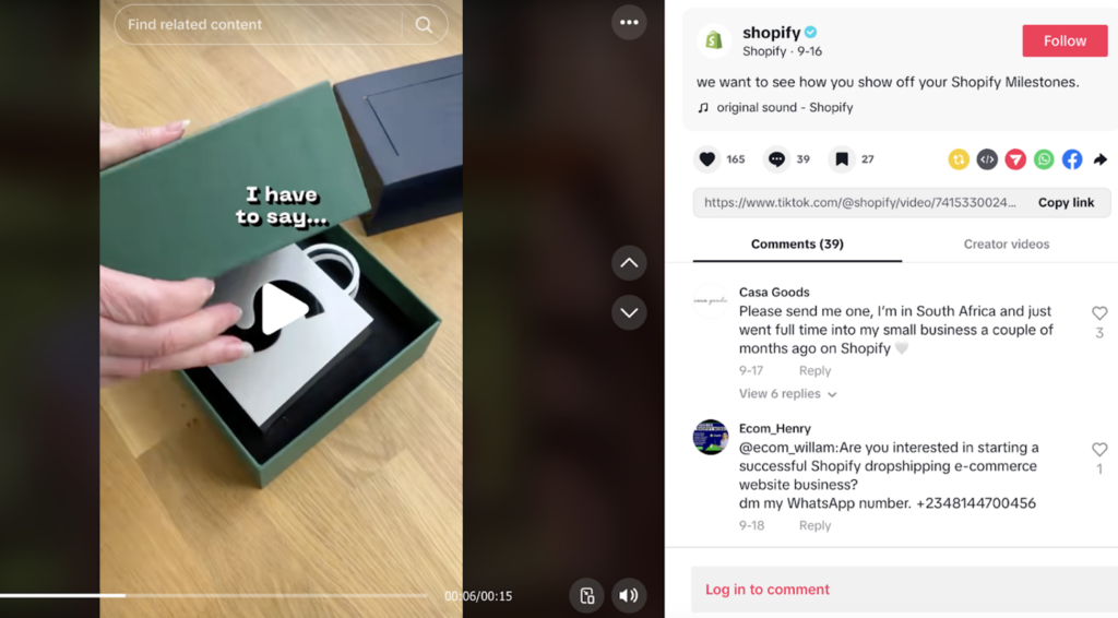 A TikTok video promoting Shopify tools, features, and testimonials to attract entrepreneurs and businesses.