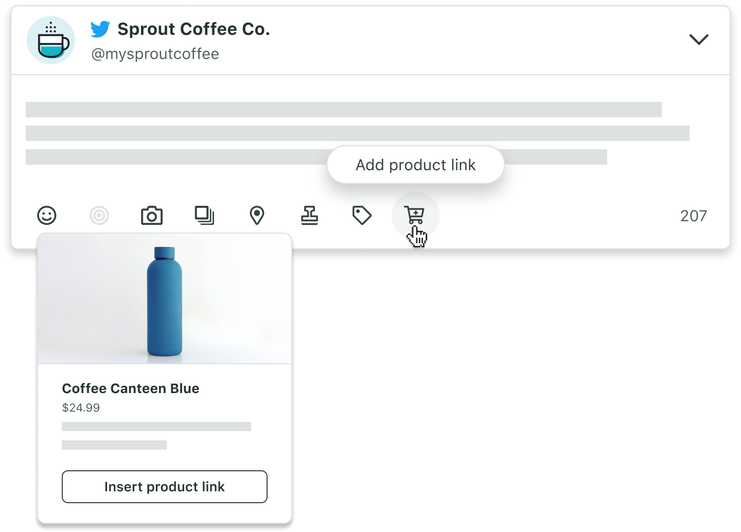 Sprout's Shopify interface demonstrating how to make a social post containing a clickable product link for a blue coffee canteen priced at $24.99.