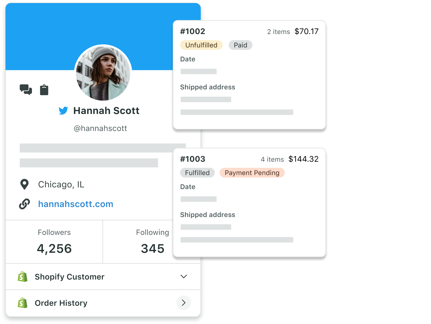 Sprout's Shopify integration dashboard illustrating a Shopify customer profile for Hannah Scott, displaying her profile picture, contact details, and order history with two orders: one unfulfilled and one pending payment.
