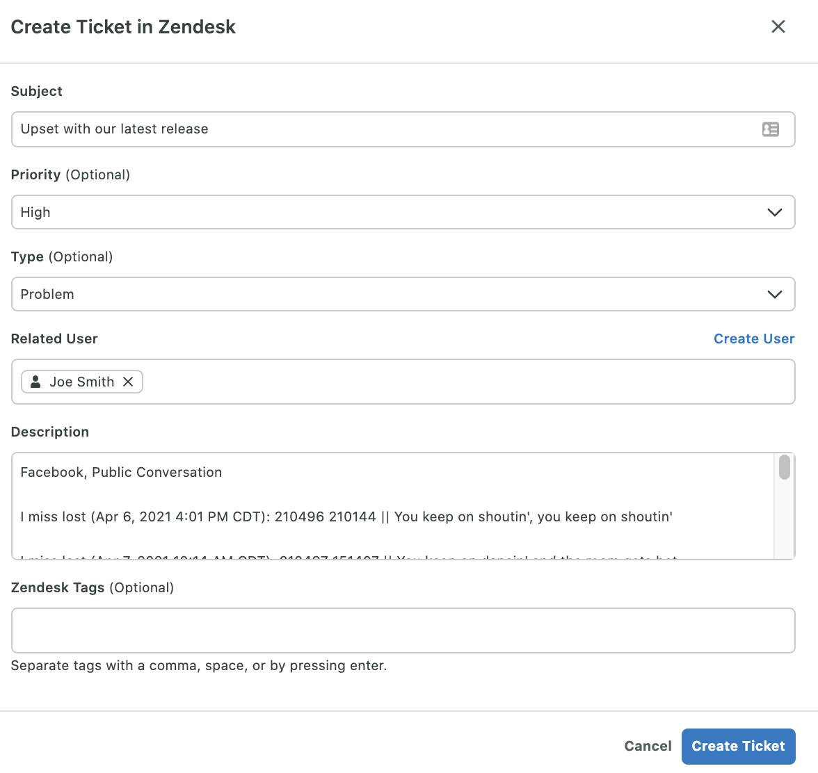 Sprout's Zendesk integration dashboard, showing care teams creating tickets, assigning priority, tags, and describing issues.