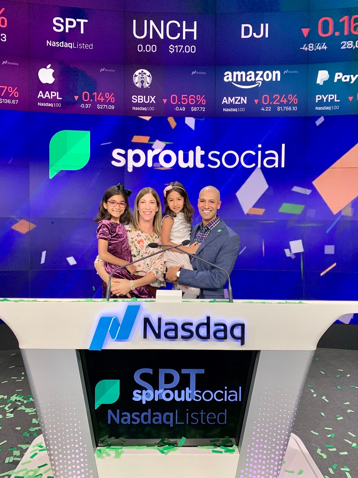 Ryan Barretto with his wife and two daughters at Sprout Social's Nasdaq bell ringing ceremony in December 2019.