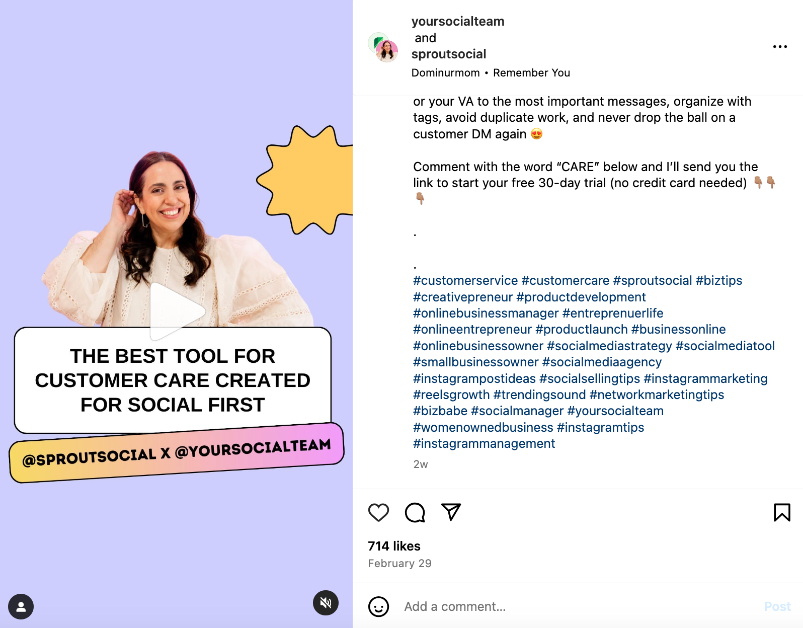 An example of a Sprout Social Reel that utilizes hashtags in the caption