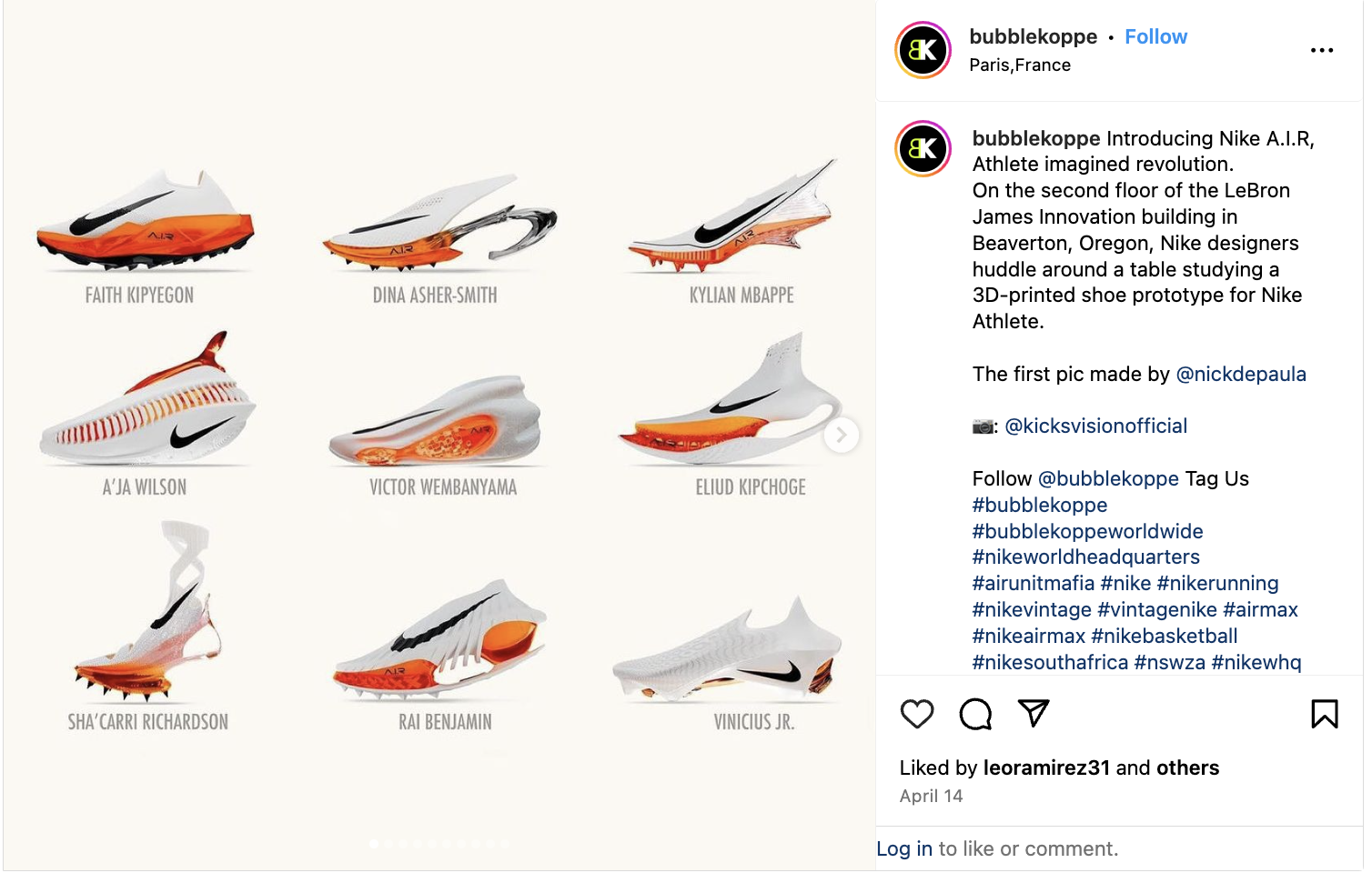 An Instagram post showcasing a personalized 3D-printed shoe.