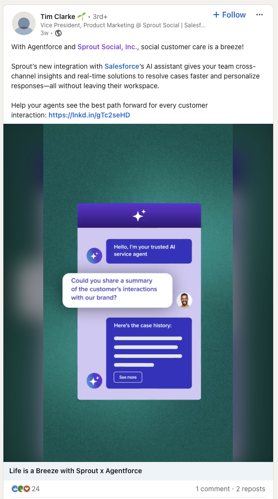 A LinkedIn post from Tim Clarke about Sprout's integration with Salesforce's Agentforce.