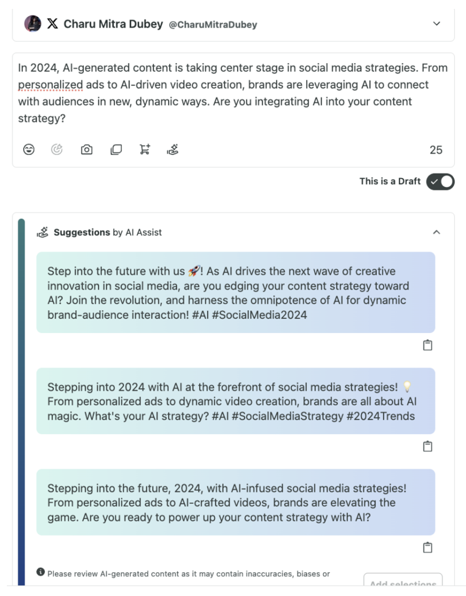 A preview of Suggestions by AI Assist in Sprout.