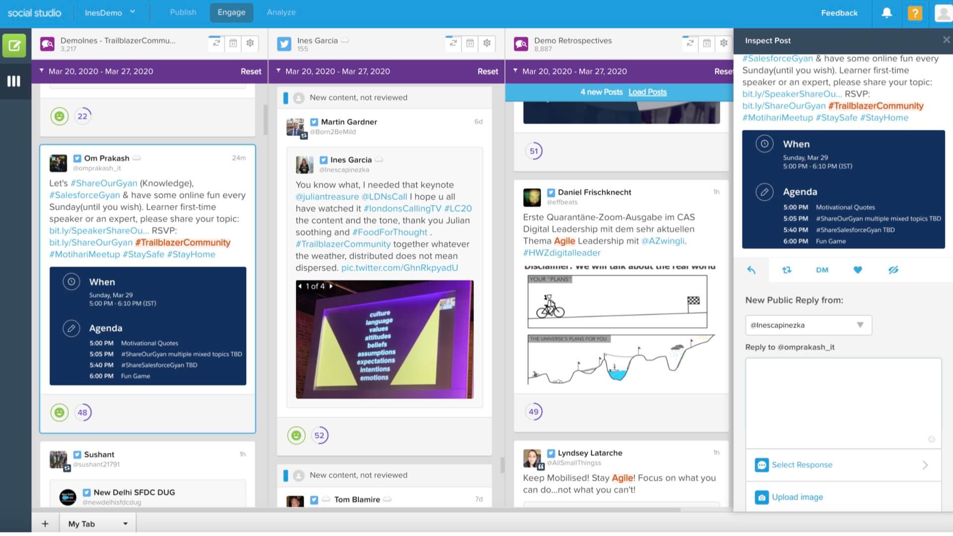 A screenshot of Salesforce Social Studio's Engage interface.