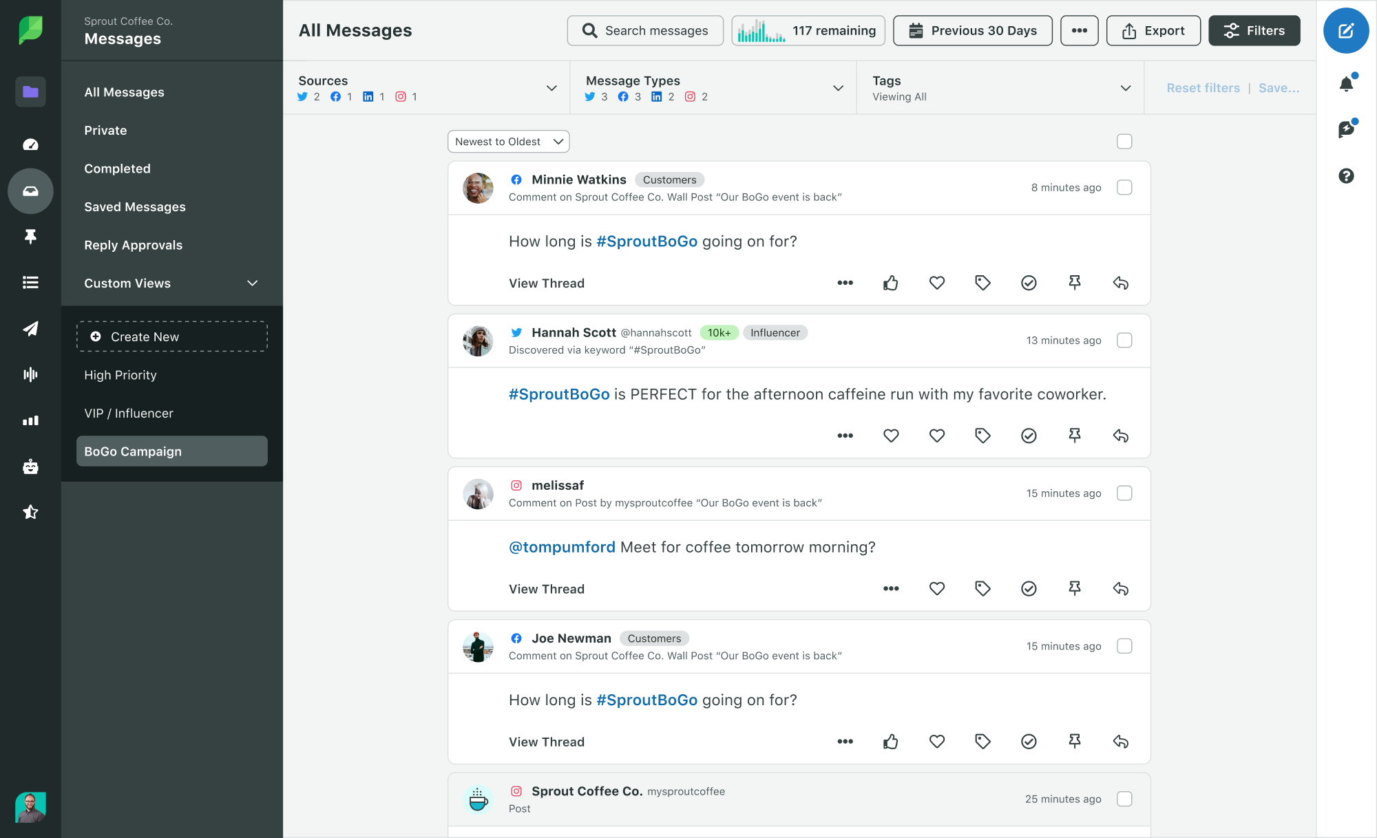 A screenshot showcasing Sprout Social's Smart Inbox tool in operation.