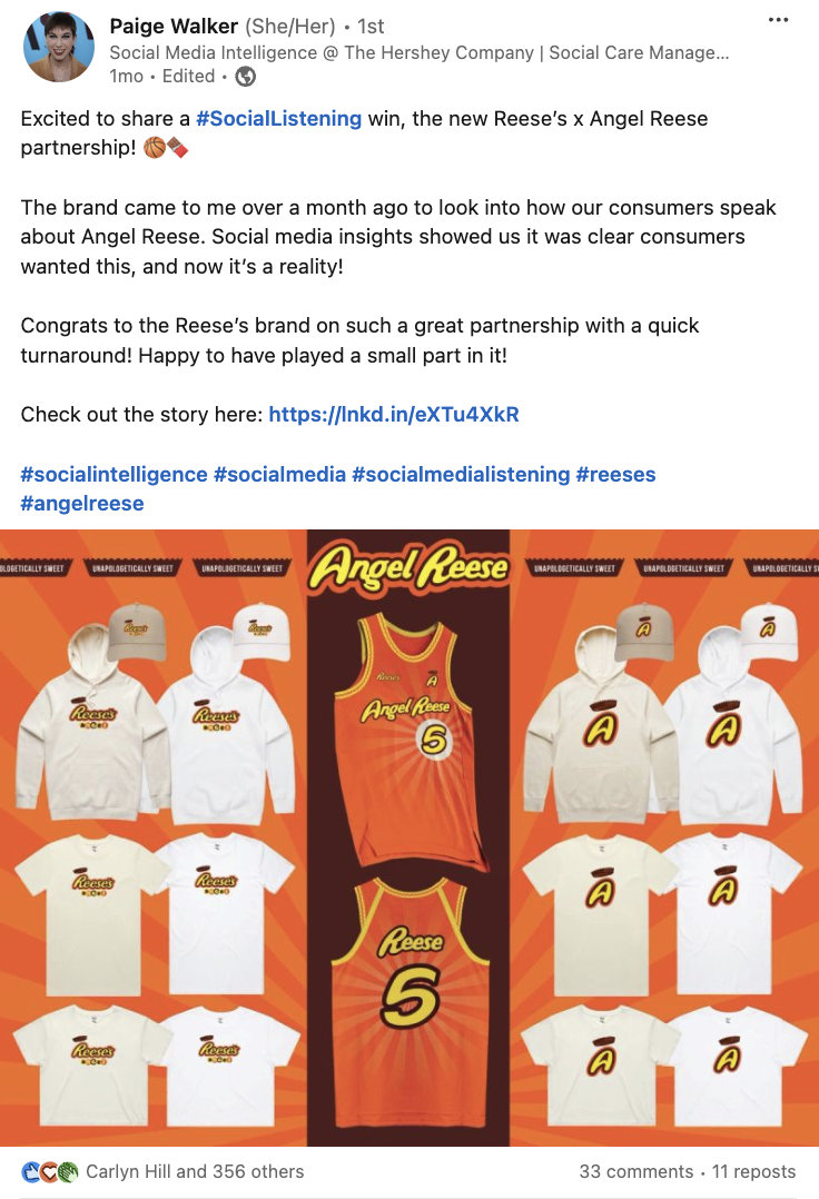 A LinkedIn post from Paige Walker about how Reeses used social listening to uncover their partnership with WNBA star Angel Reese