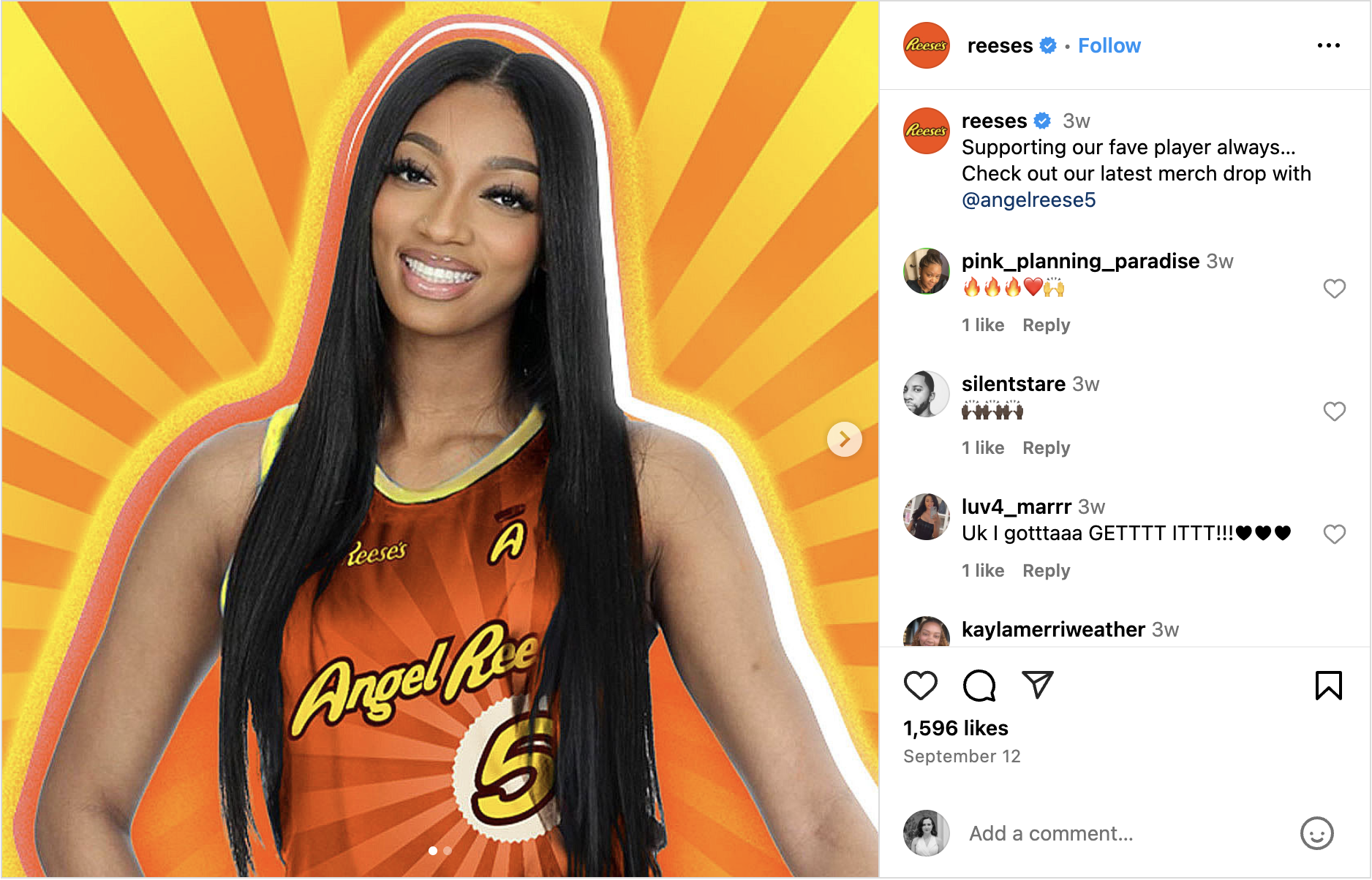 An Instagram carousel featuring Angel Reese wearing the jersey from her Reeses collab