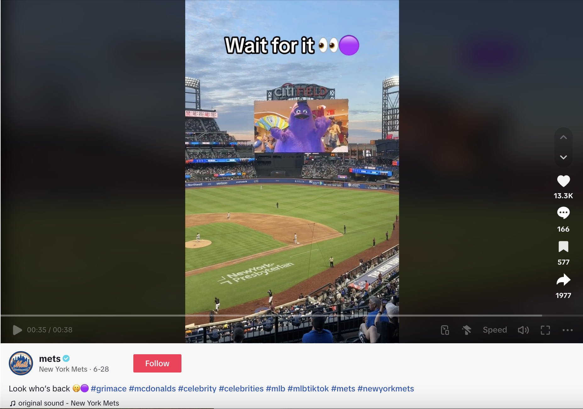 A TikTok from the Mets featuring Grimace on the jumbo screen at their recent baseball game