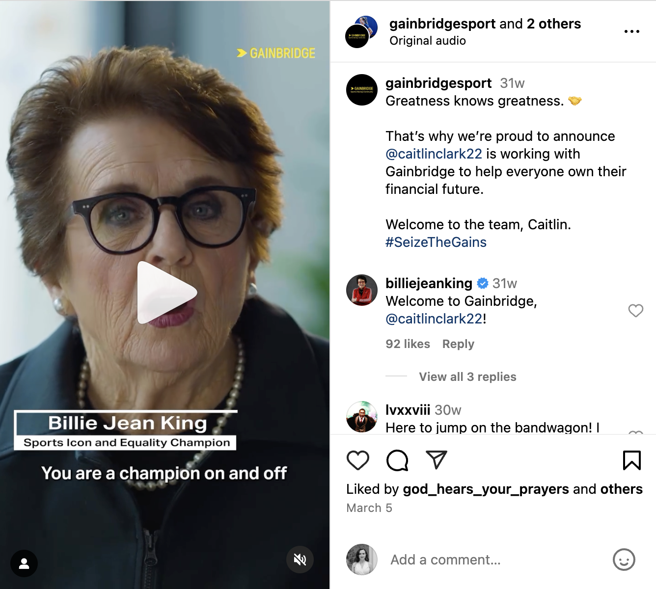 An Instagram Reel from Gainbridge featuring sports legends Caitlin Clarke, Billie Jean King and Annika Sörenstam talking about pay equity.