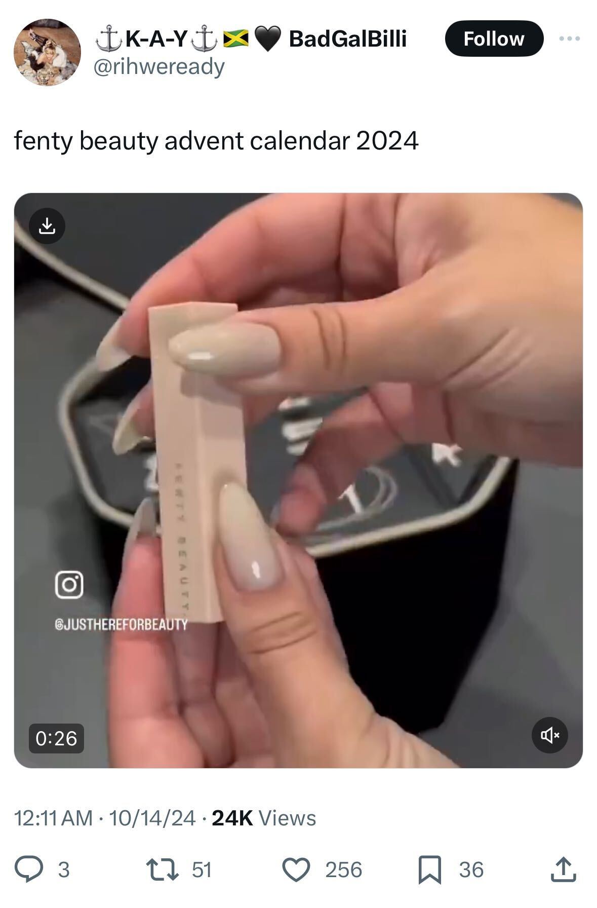 A post from an influencer with an indirect mention for Fenty Beauty. 