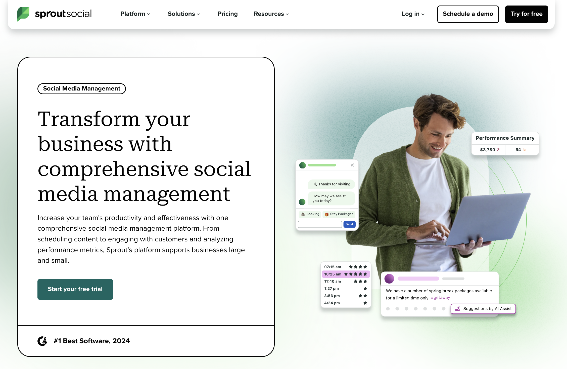 Screenshot of Sprout Social's social media management solutions page, which states Sprout can help 