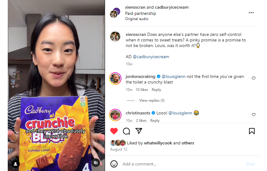 Xiensscrans collaborated with Cadbury ice cream to showcase their products to her audience interested in food content on Instagram.