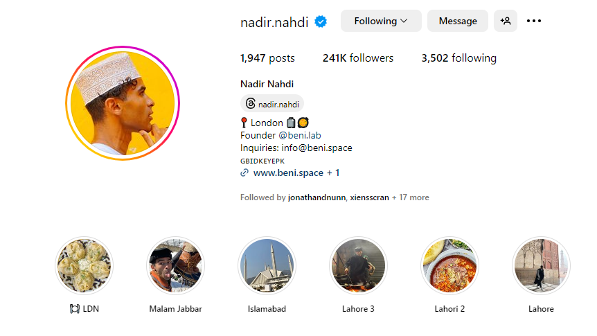 Nadir Nahdi provides a specific email address for inquiries on his popular Instagram account