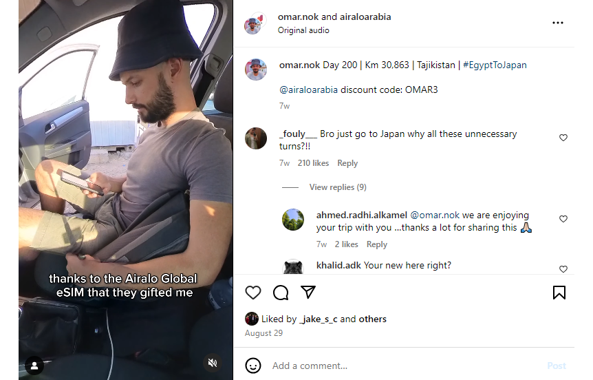 An Instagram post of Omar.nok when he collaborated with Airalo, who provided him with an eSIM as part of his sponsorship to promote their product to his audience.