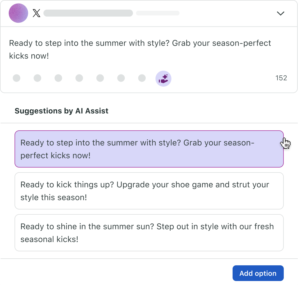 Screenshot of a draft of a social post in the Compose box in Sprout Social, with Suggestions by AI Assist feature selected. Three rewritten options of the original social post is suggested for selection.