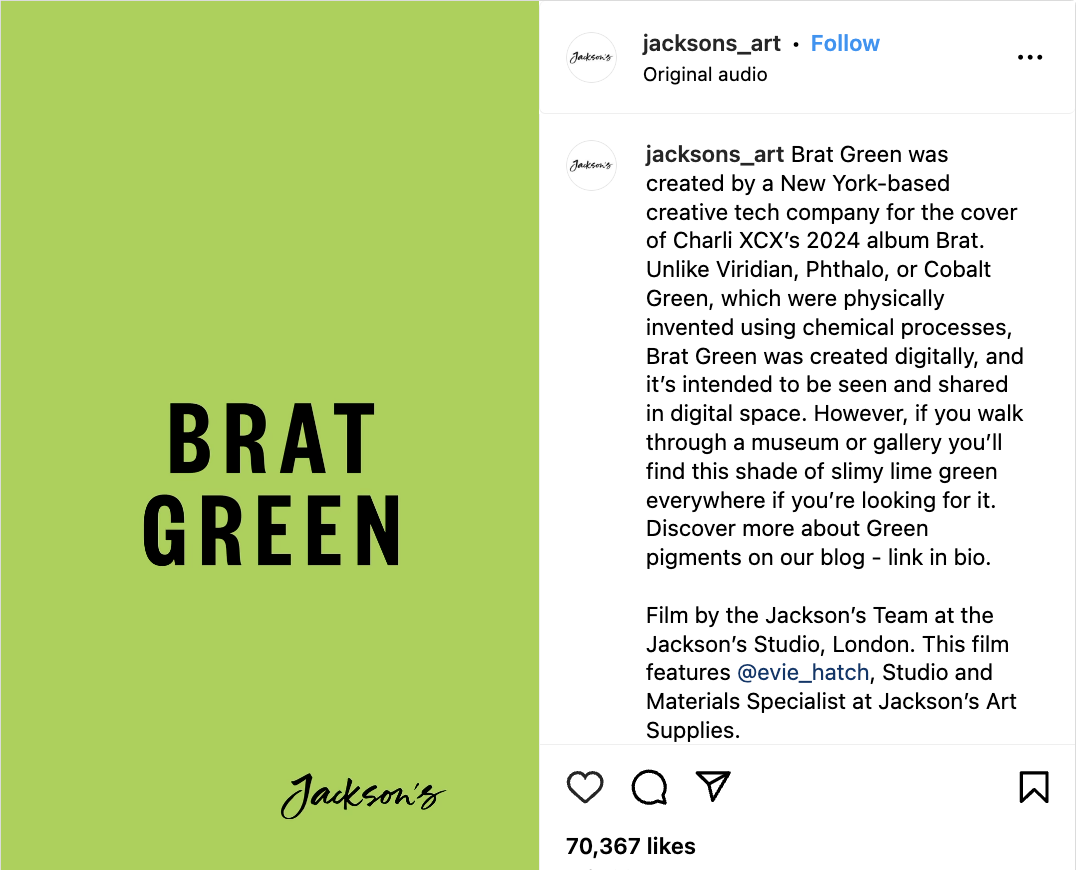 Jackson's Art Supplies Instagram post about the creation of brat green and its connection to popular culture.
