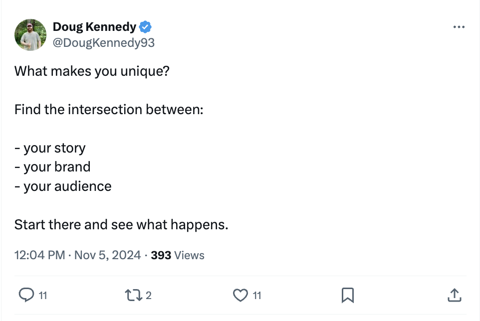 An X post emphasizing the significance of integrating your data story, brand, and audience to differentiate from competitors.