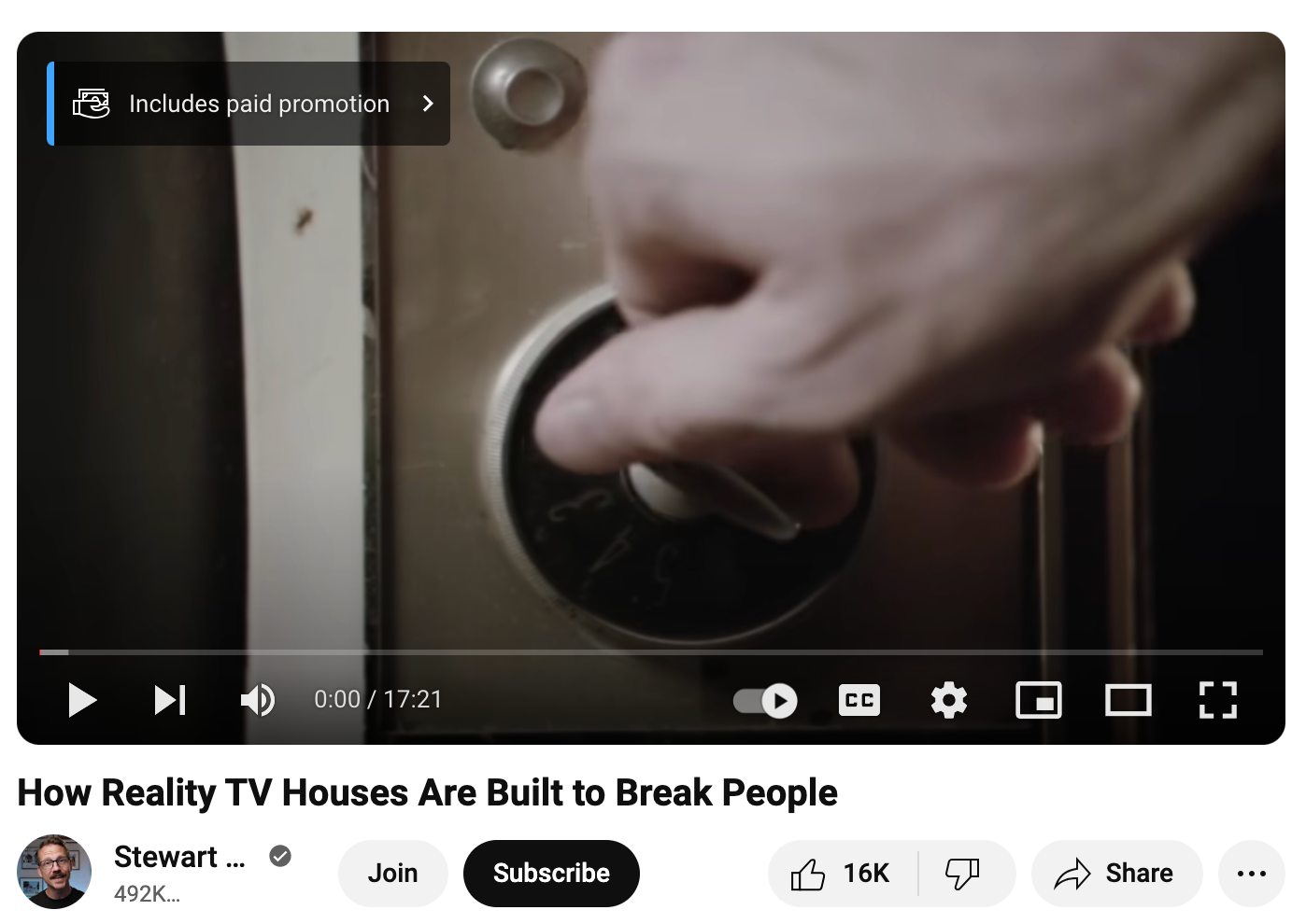 A YouTube video featuring the ‘includes paid promotion’ label, published by user @stewarthicks