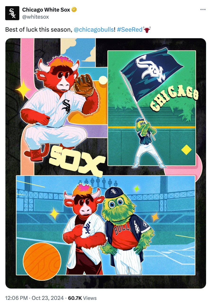 An X post from the Chicago White Sox, wishing the Chicago Bulls best of luck during their upcoming season. The post contains an illustration of both mascots standing side by side. 
