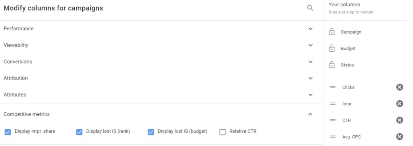 The Google Ads campaigns table with modification settings open. 