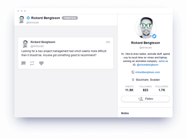 Awario dashboard with a sample message from a potential read and a side panel showing user profile stats