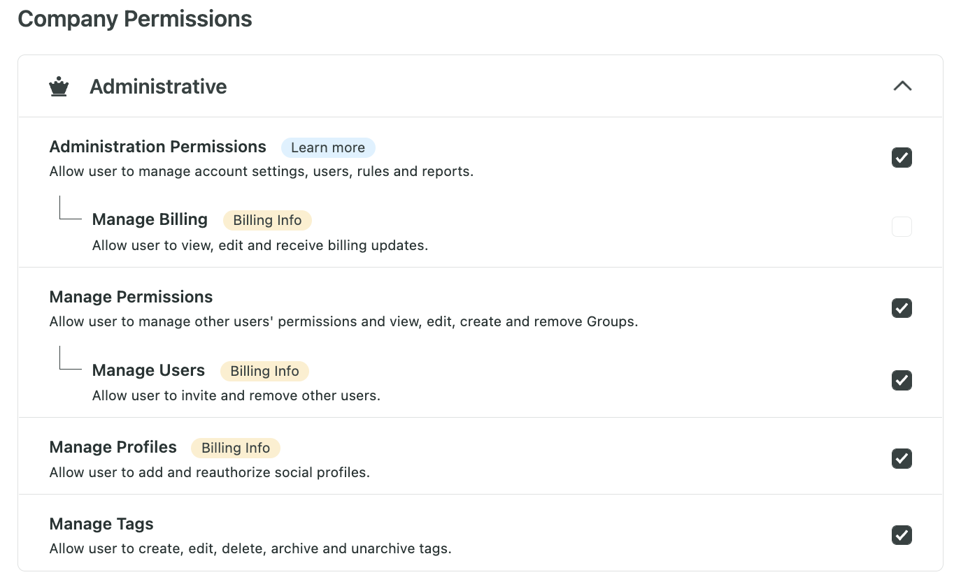 The Company Permissions panel in Sprout Social, which allows platform administrators to set user permissions.
