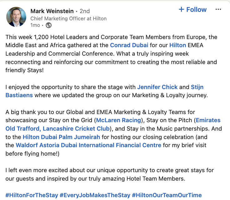 A LinkedIn post from Hilton's CMO about the company's EMEA Leadership and Commercial Conference for their employees