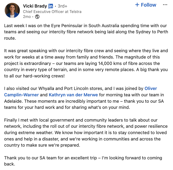 A LinkedIn post from Telstra's CEO about a visit to South Australia with teams building their intercity fiber network