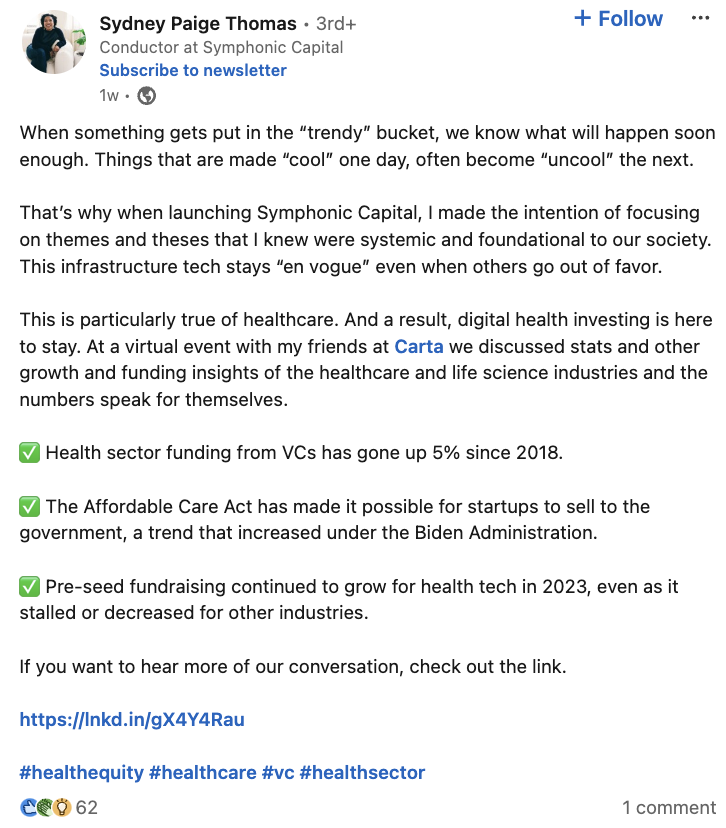A LinkedIn post from Sydney Paige Thomas about her choice to invest in digital health innovation