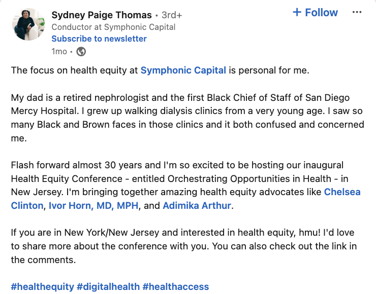 A LinkedIn post from Sydney Paige Thomas about her connection to health equity and accessibility