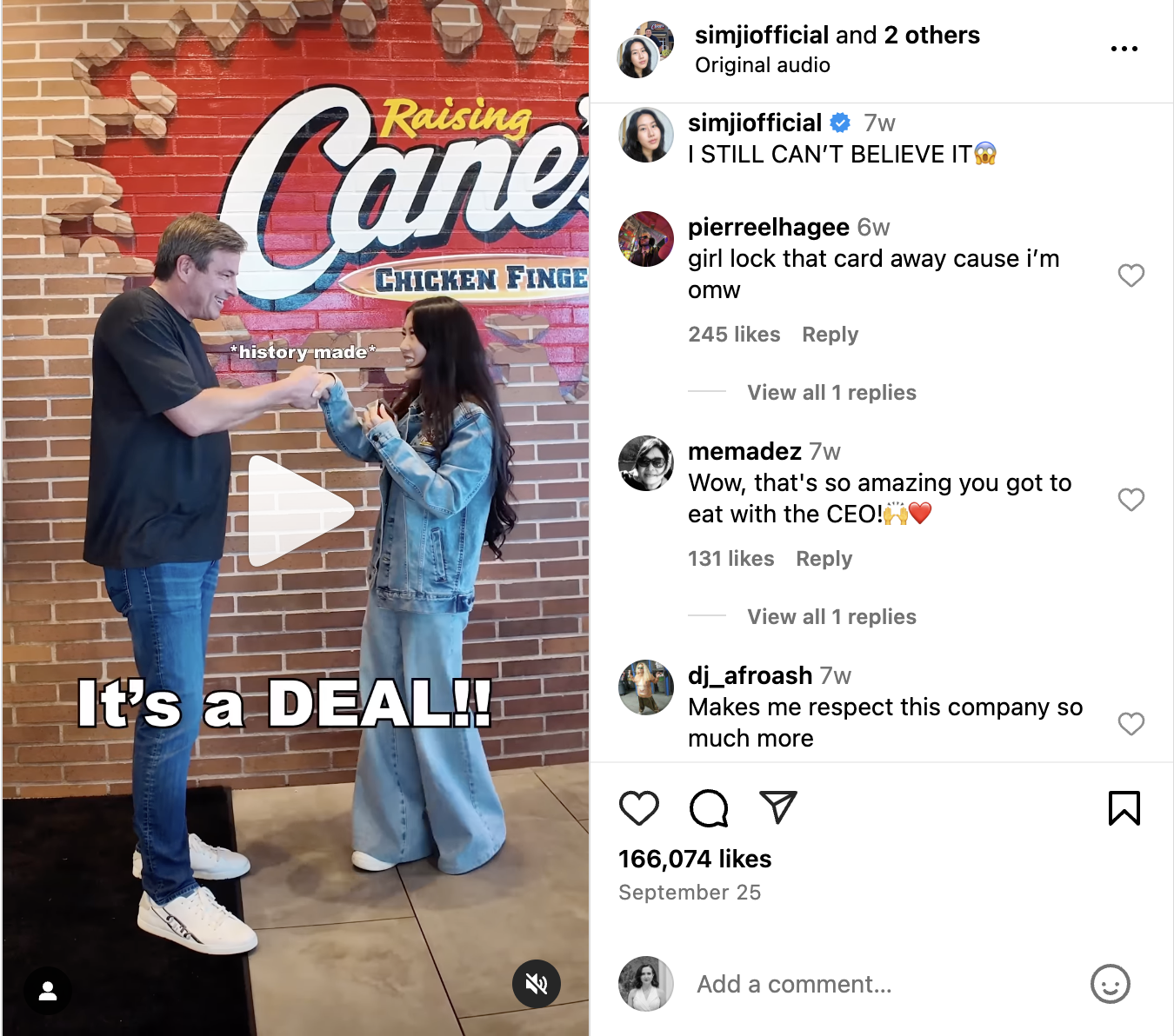 An Instagram post from Todd Graves, CEO of Raising Cane's, and creator Simji Official enjoying a signature chicken meal