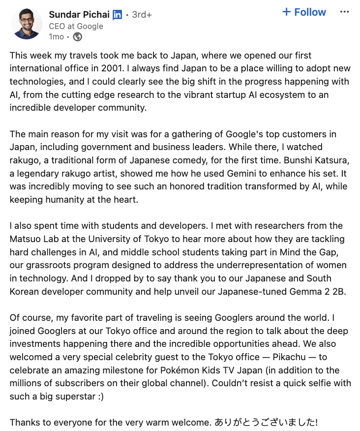 A LinkedIn post from Google's CEO about a week he spent traveling in Japan on behalf of the company