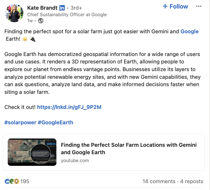 A LinkedIn post from Google's Chief Sustainability Officer about using Gemini and Google to identify sustainable energy locations