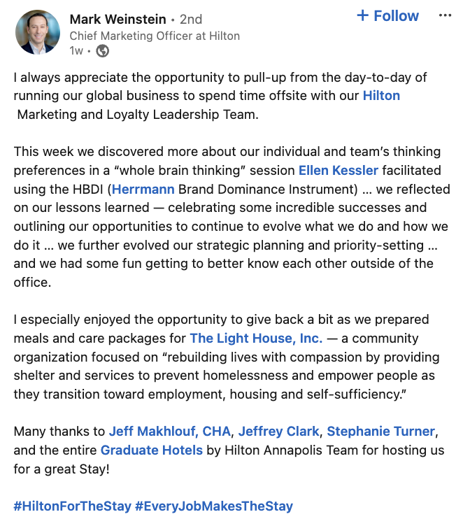 A LinkedIn post from Hilton's CMO regarding his team’s offsite gathering