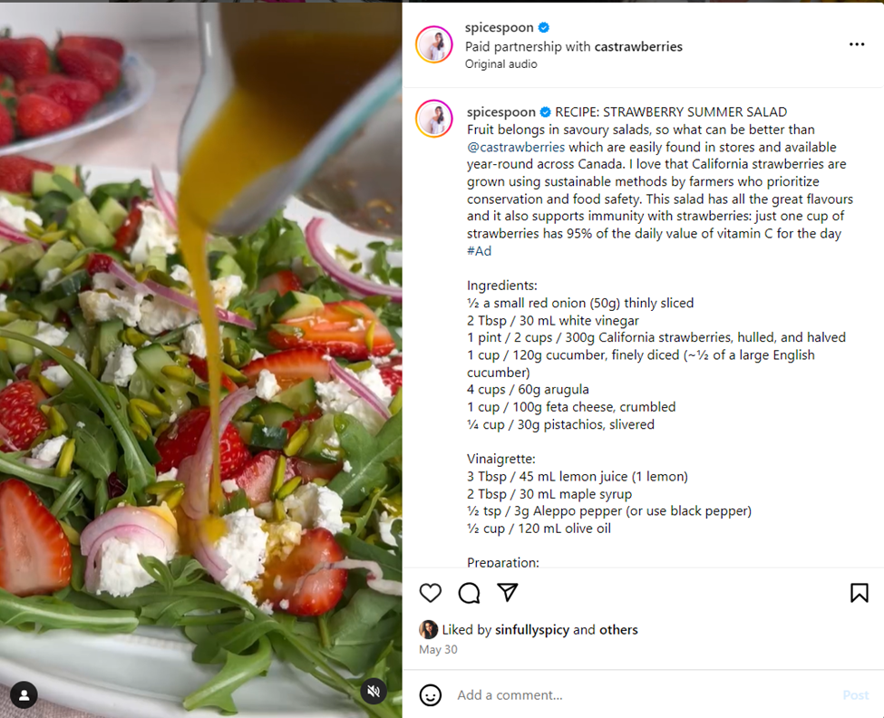 SpiceSpoon Instagram post showing transparency and authenticity in their partnership with castrawberries