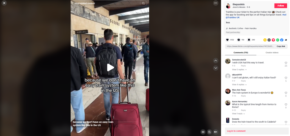 The Pasinis TikTok post featuring a partnership with Trainline