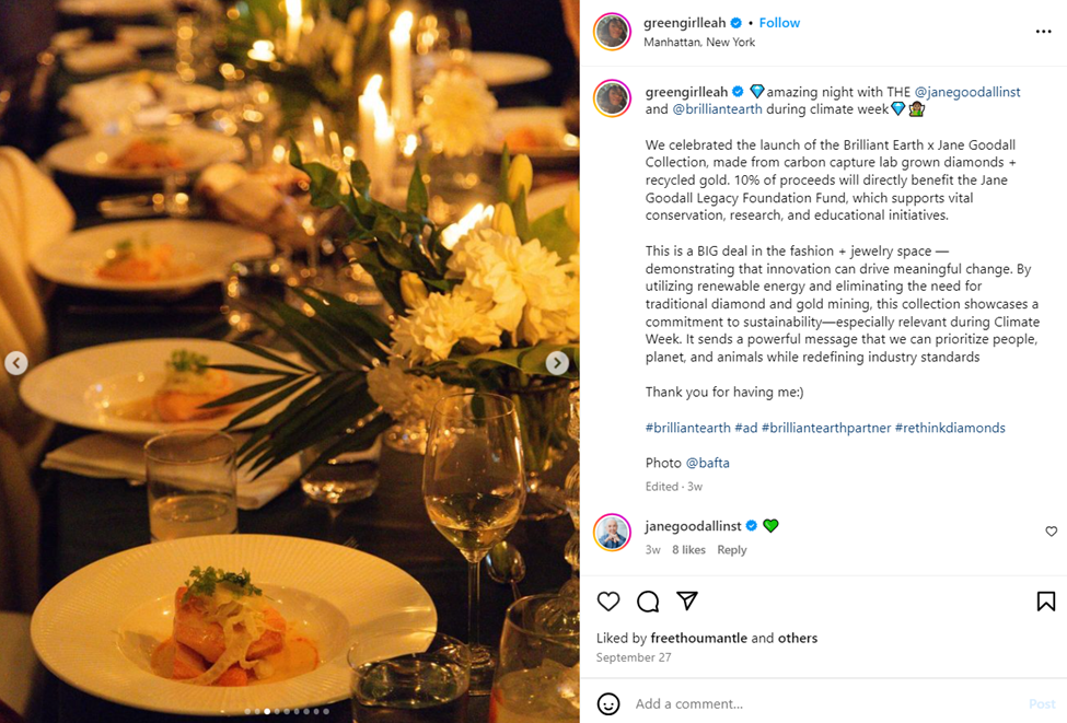 GreenGirlLeah Instagram post of a dining table spread that promotes her partnership with Brilliant Earth