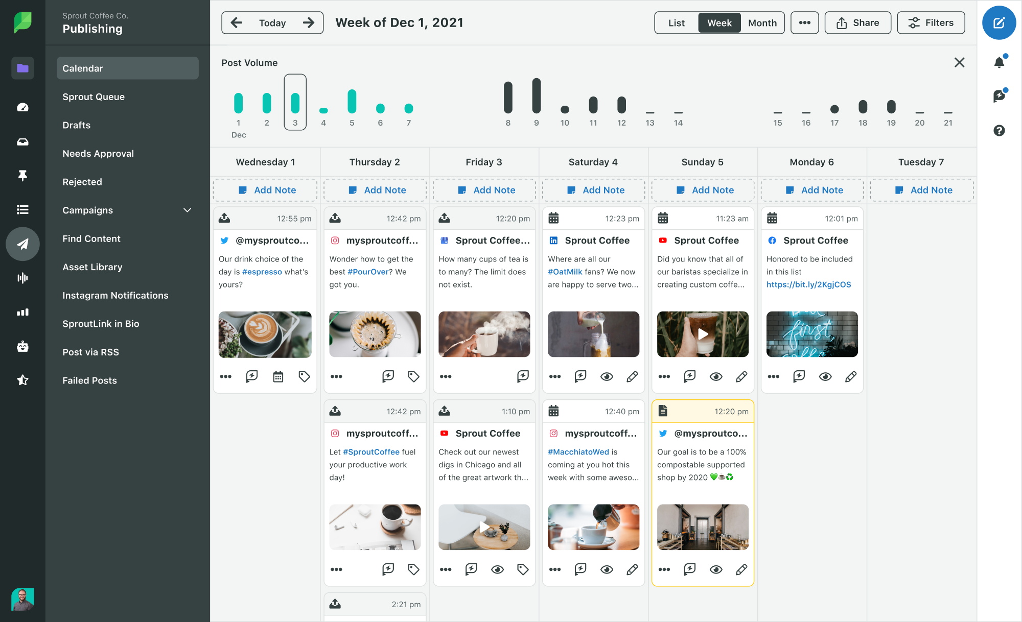A screenshot of Sprout Social's calendar week view