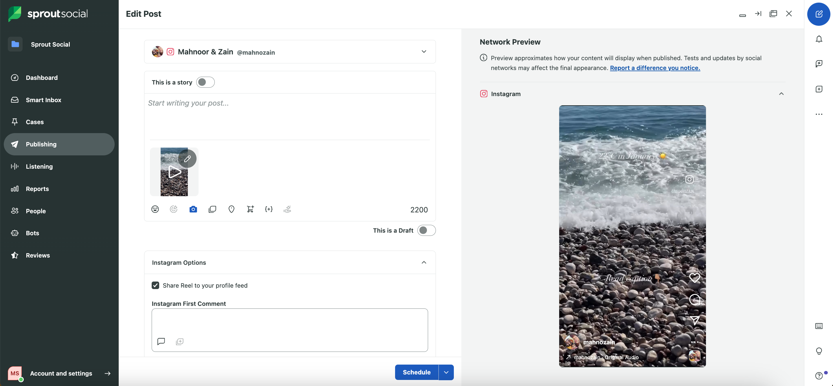 Composing a new Instagram Reel in Sprout Social