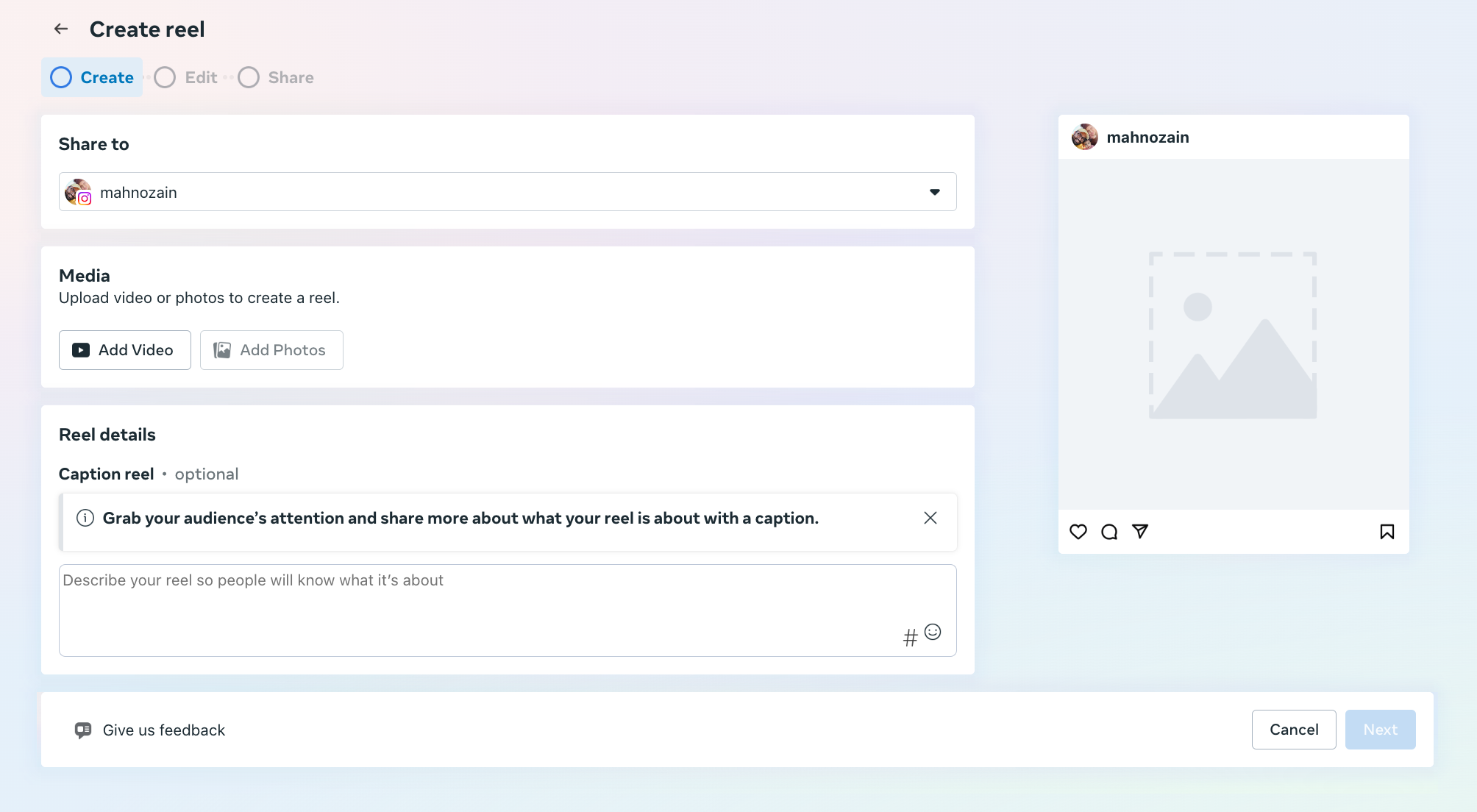 Create reel using Meta Business Suite