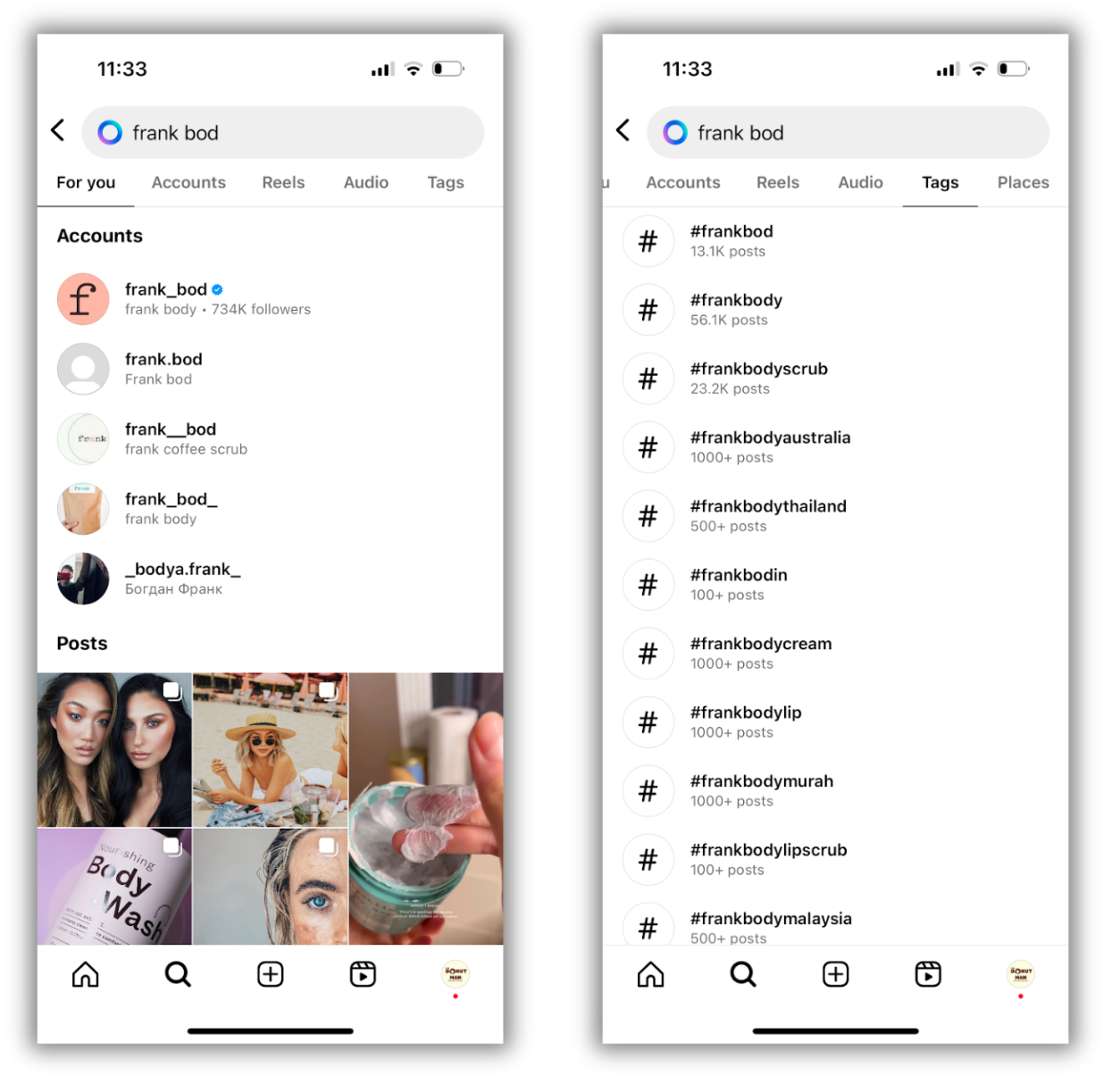 Two panels showing the Instagram search window for Frank Bod - with the first panel showing account and post results and the second panel showing hashtag suggestions