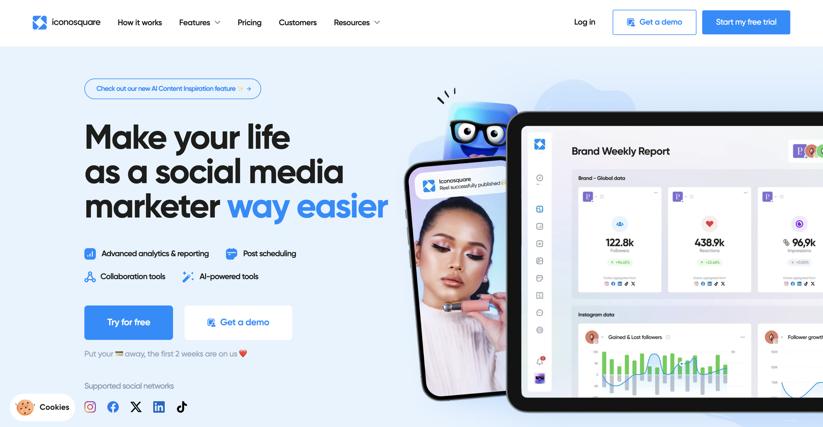 A screenshot of TikTok analytics tool Iconosquare's website