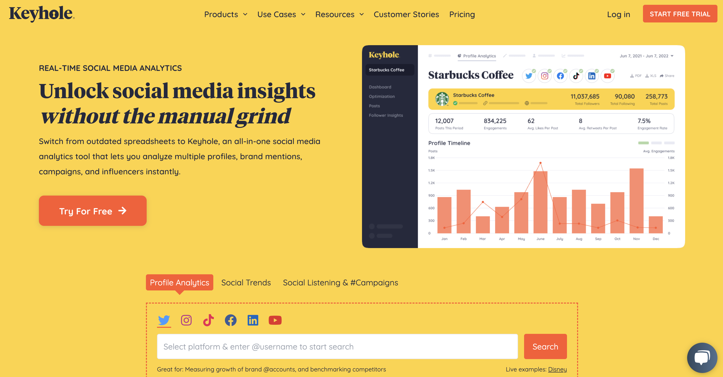 A screenshot of TikTok analytics tool Keyhole's website