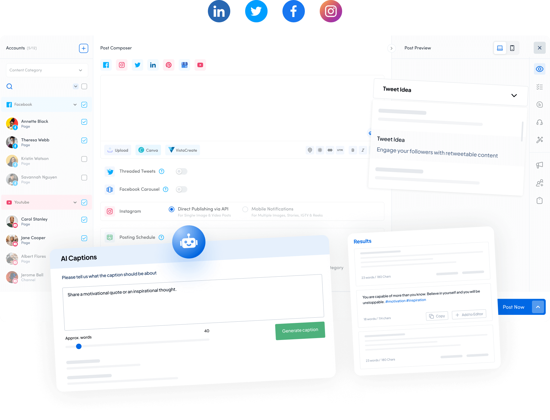 Illustration showing how AI social media tool ContentStudio helps you create AI-generated copy and captions from pre-made templates for LinkedIn, X, Facebook and Instagram.