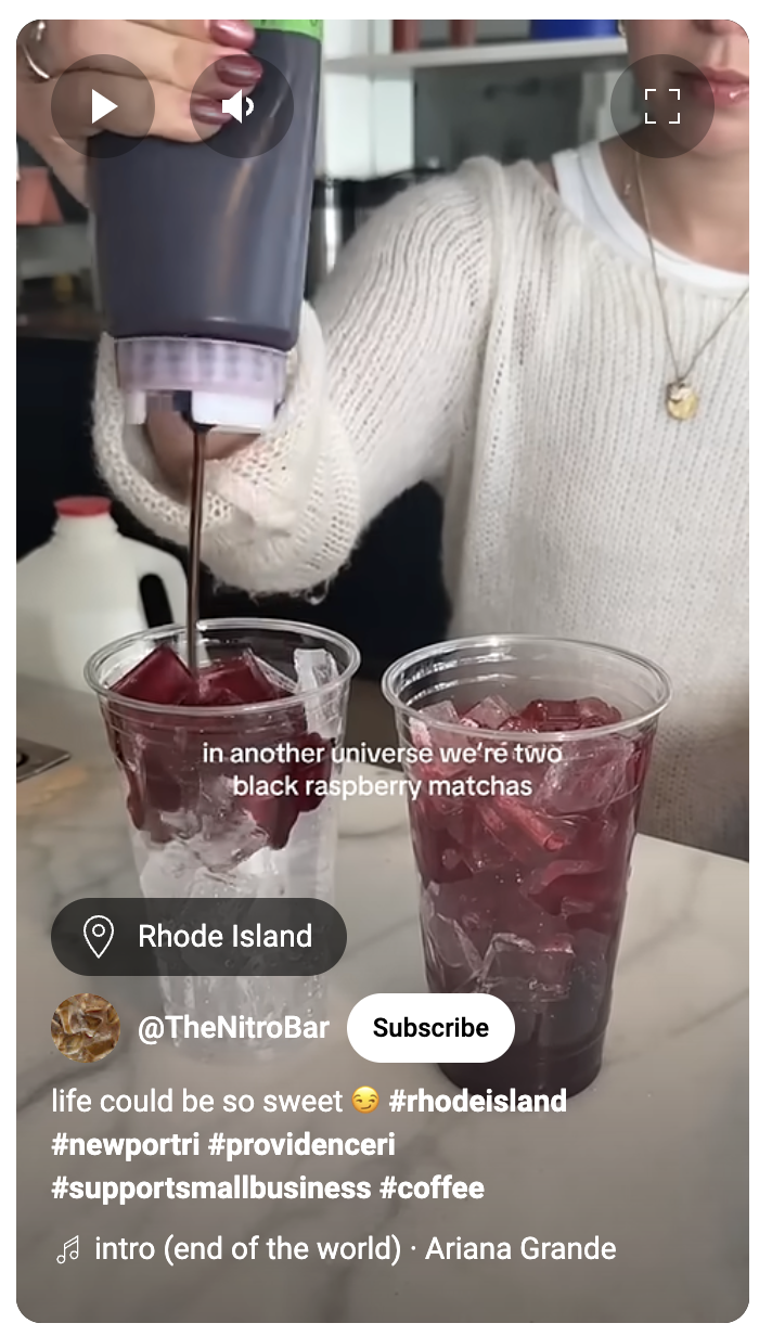 YouTube Short from The Nitro Bar showing behind-the-scenes content of black raspberry matchas.